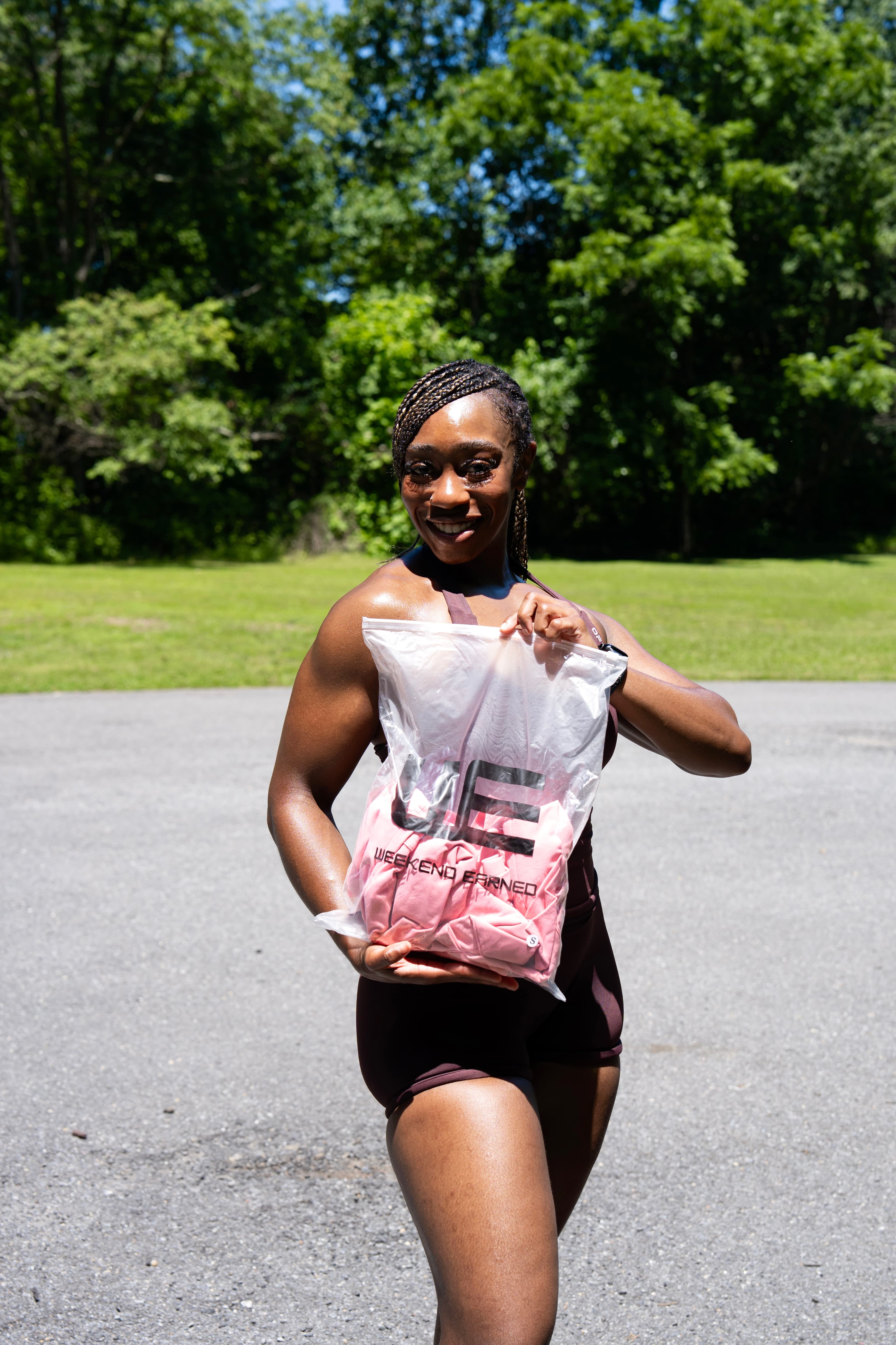 Customer wearing Weekend Earned gear