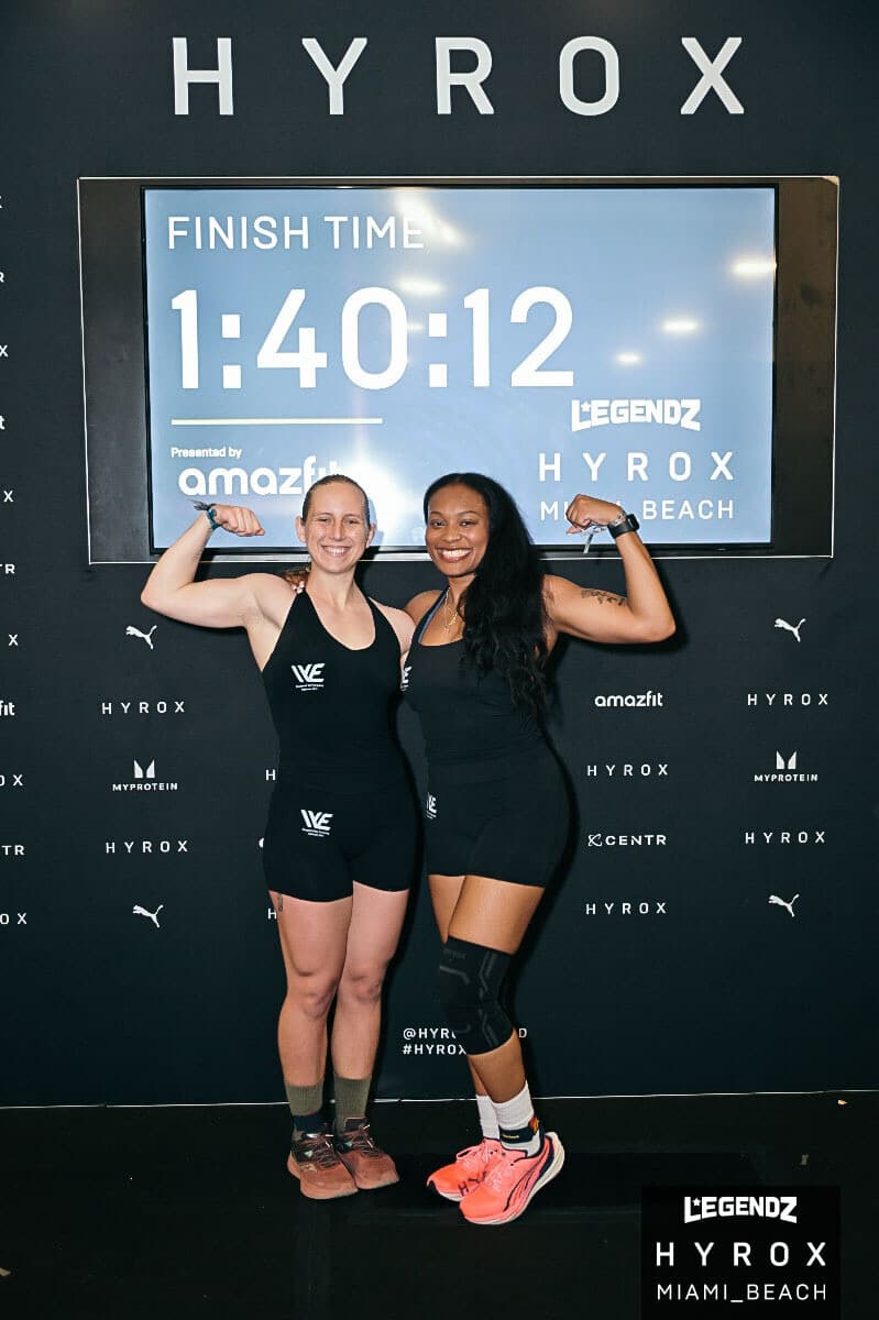Athletes celebrating their HYROX finish time