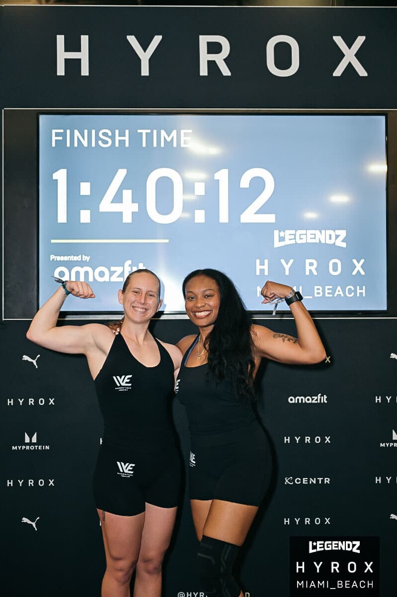 Athletes celebrating their HYROX finish time