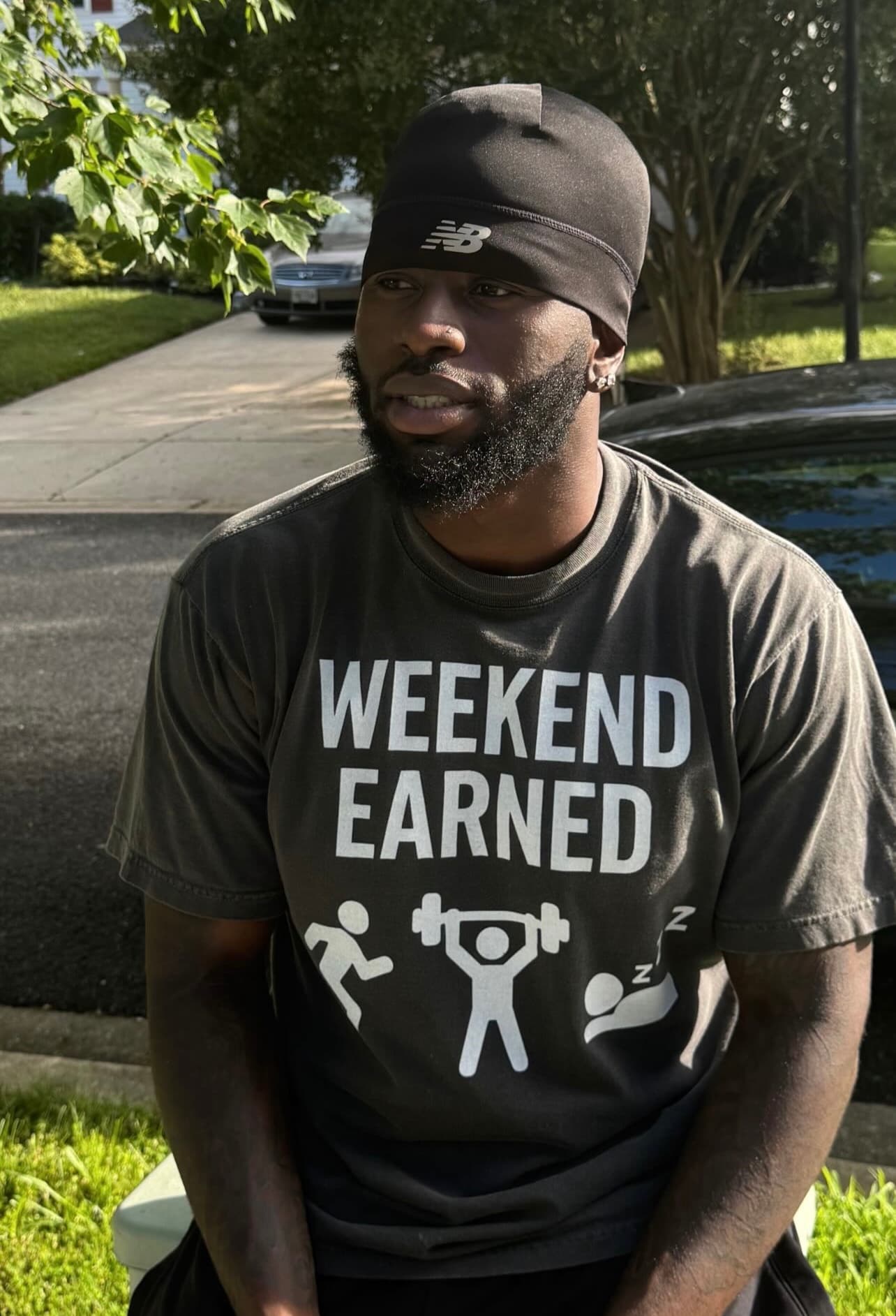 Customer wearing Weekend Earned gear
